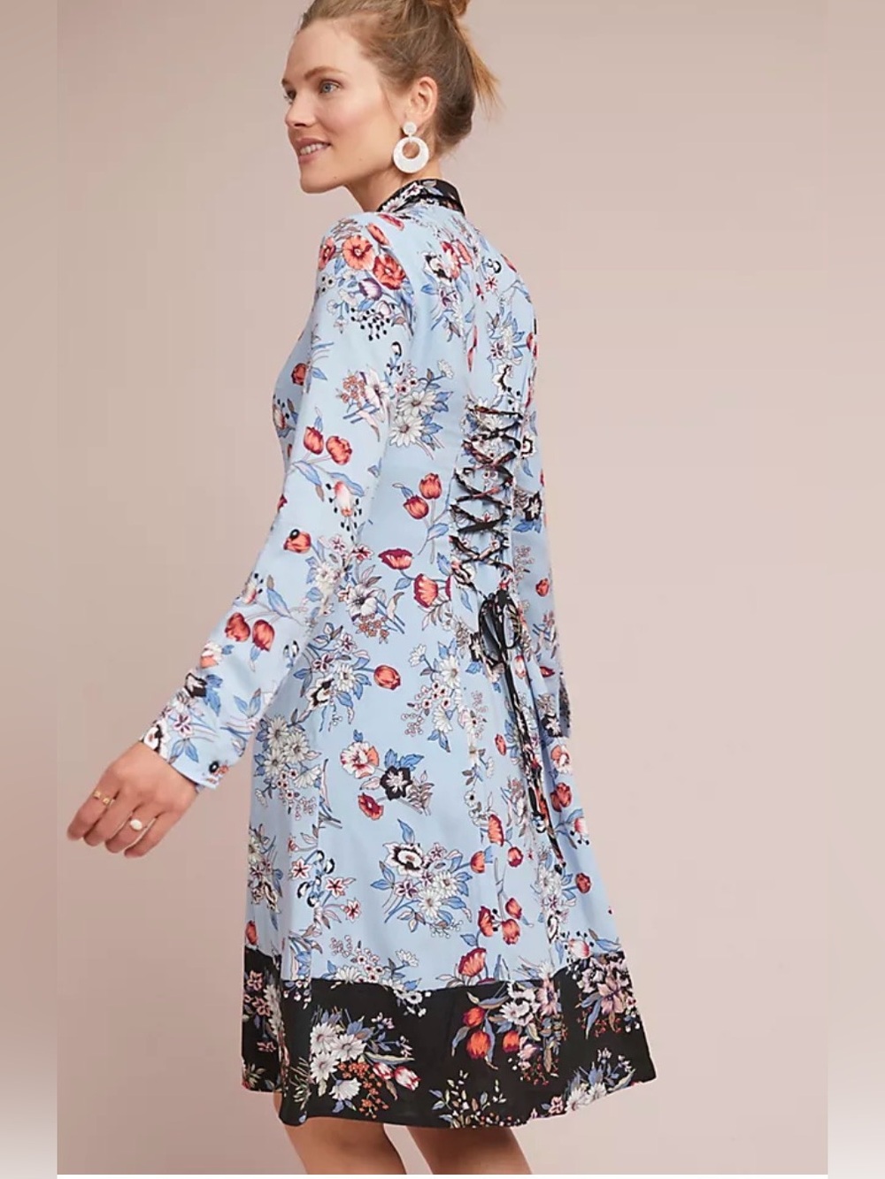 Anthropologie Light Blue Floral Lace-Up Back Robe Dress